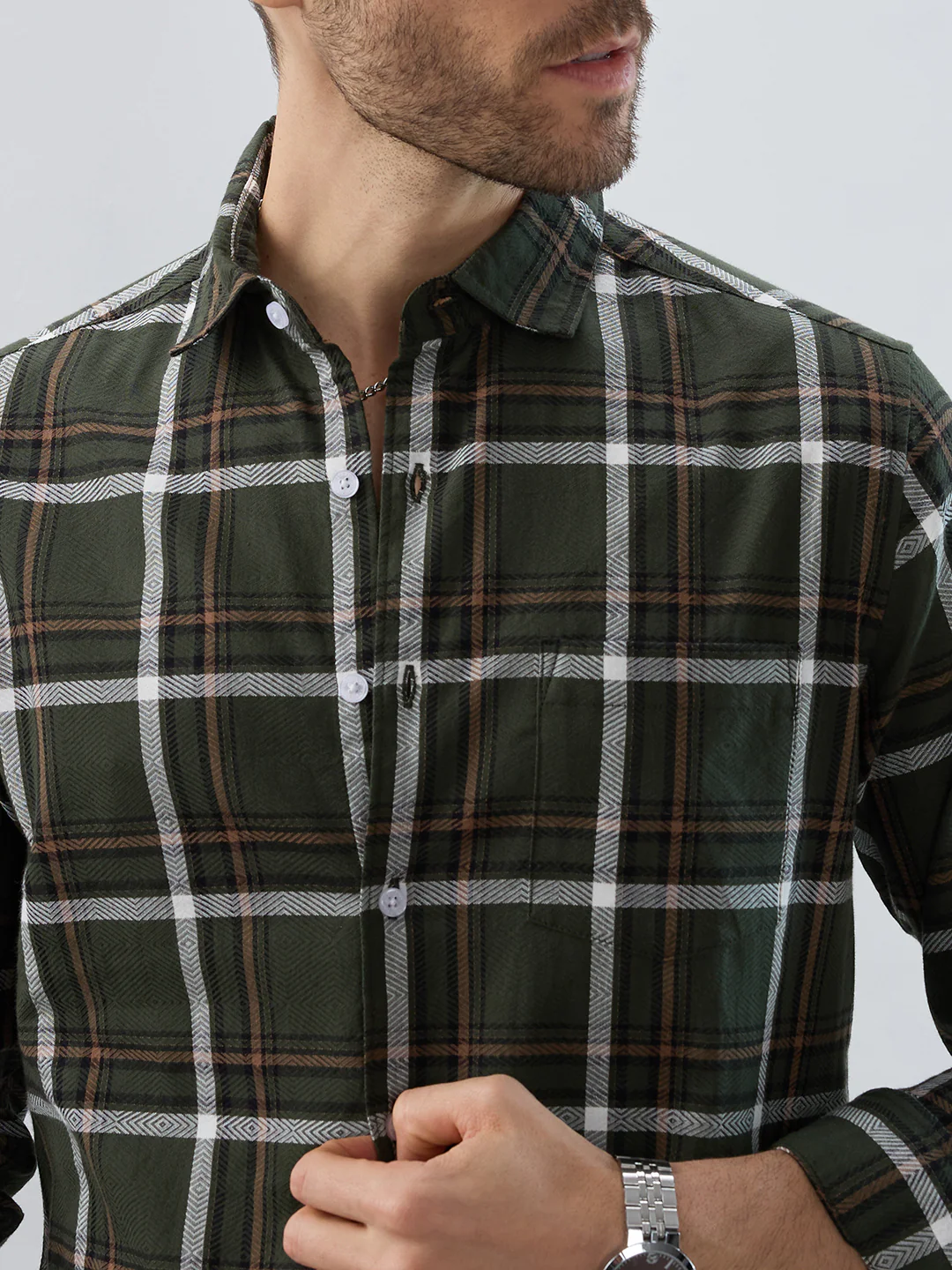 Premium Cotton Olive Grid Tartan Checks Shirt - Image 3