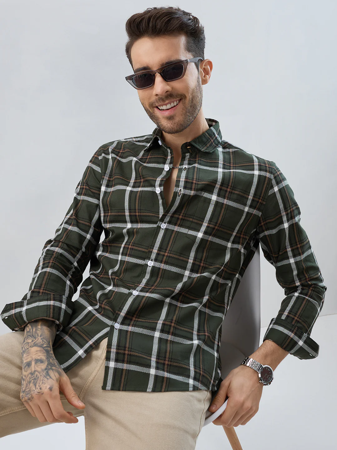 Premium Cotton Olive Grid Tartan Checks Shirt - Image 4
