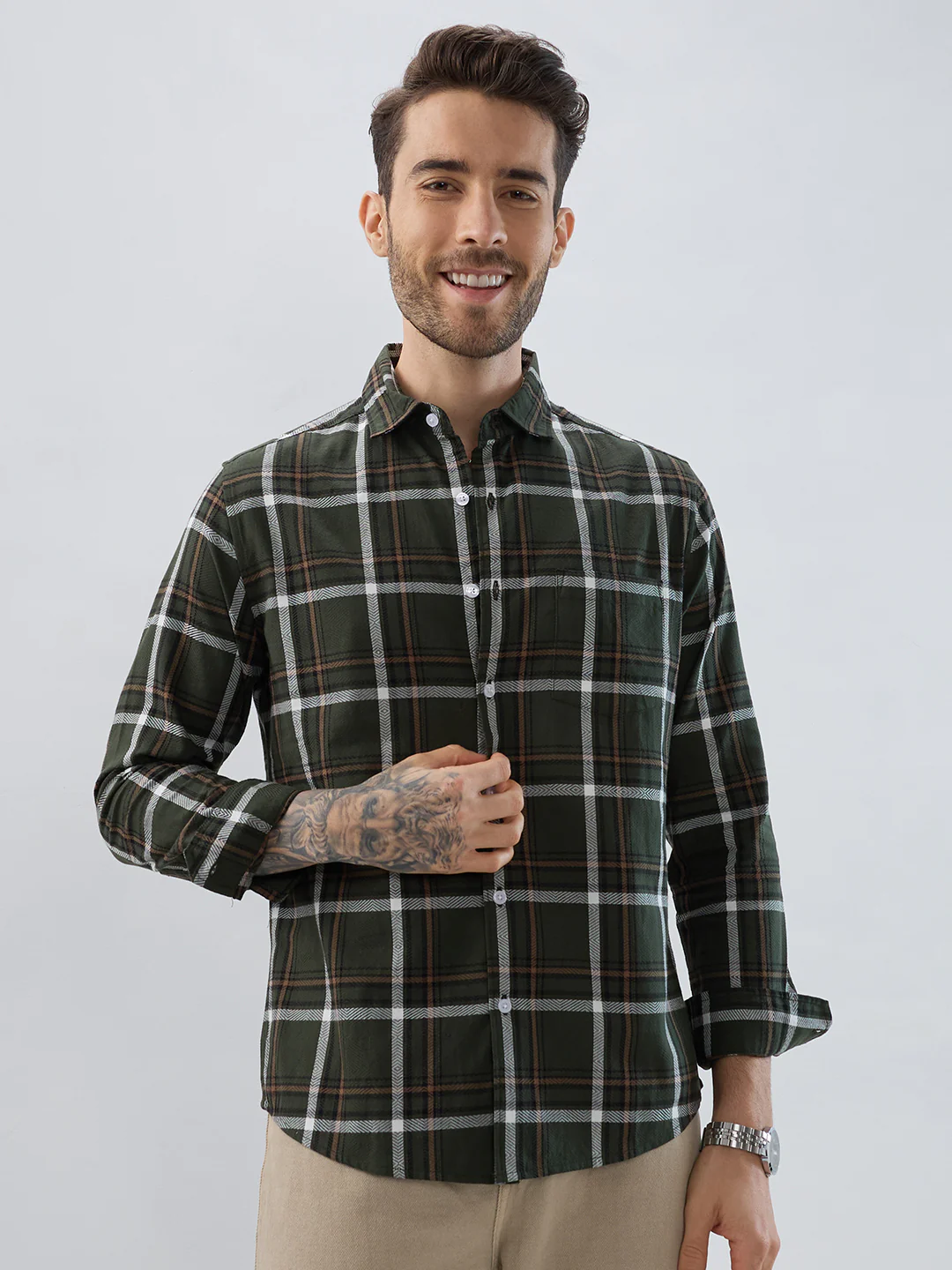 Premium Cotton Olive Grid Tartan Checks Shirt - Image 5