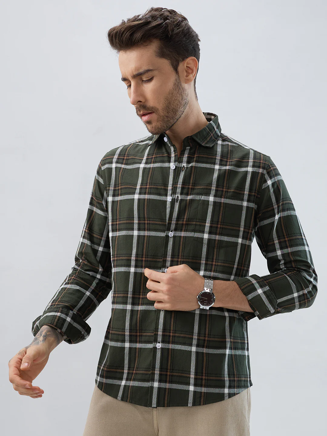 Premium Cotton Olive Grid Tartan Checks Shirt - Image 6