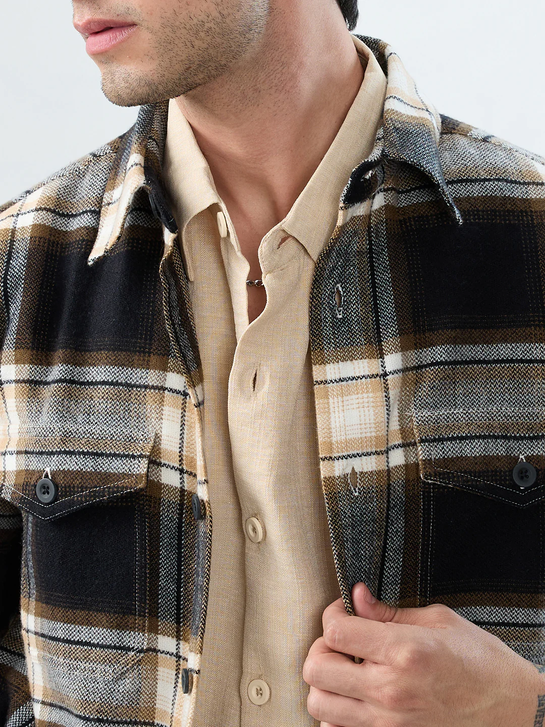 Premium Desert Vibe Plaid Checks Twin Pocket Flannel Shirt - Image 3