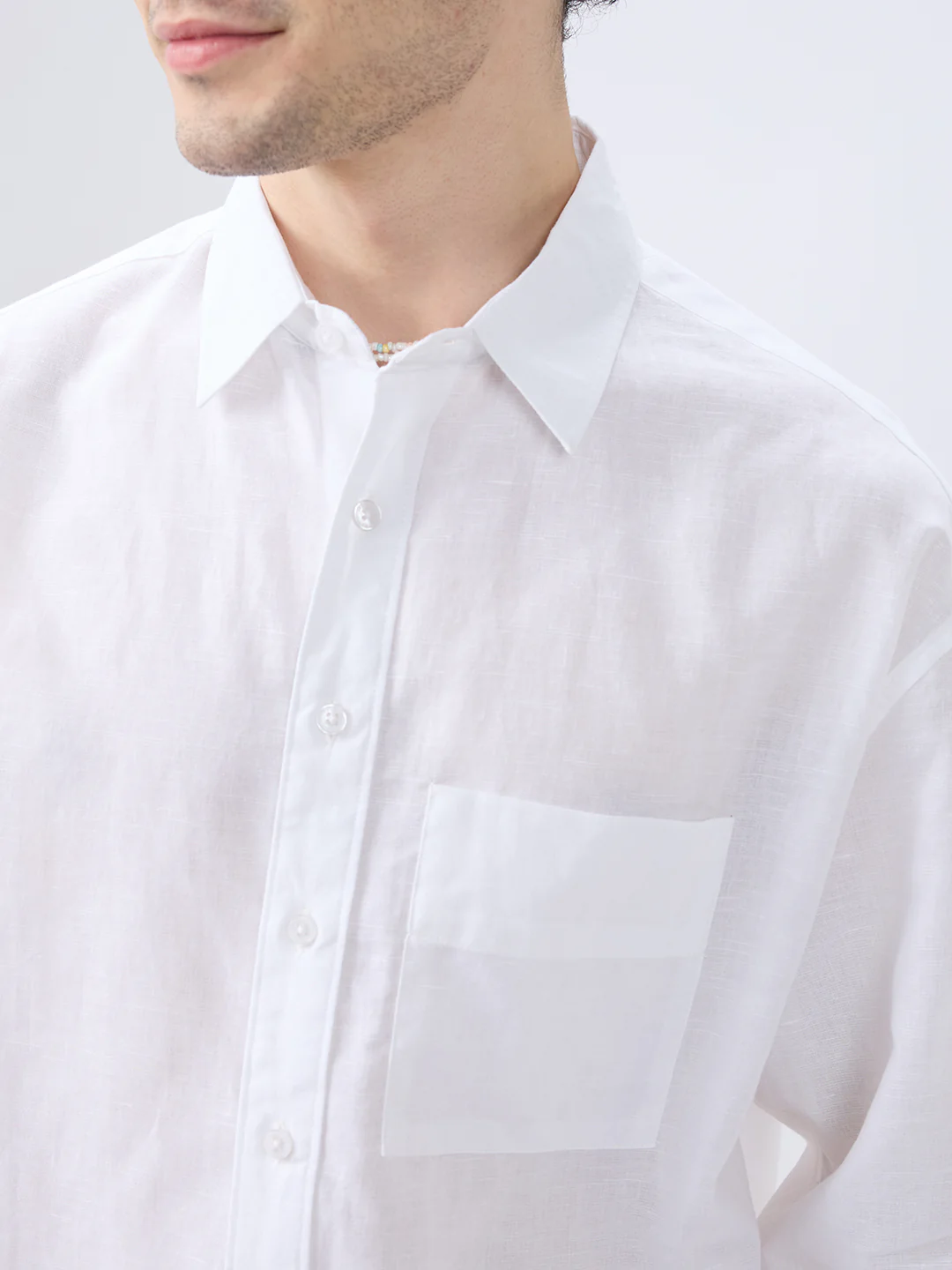 Pristine White Linen Textured Boxy Fit Crop Shirt - Image 3