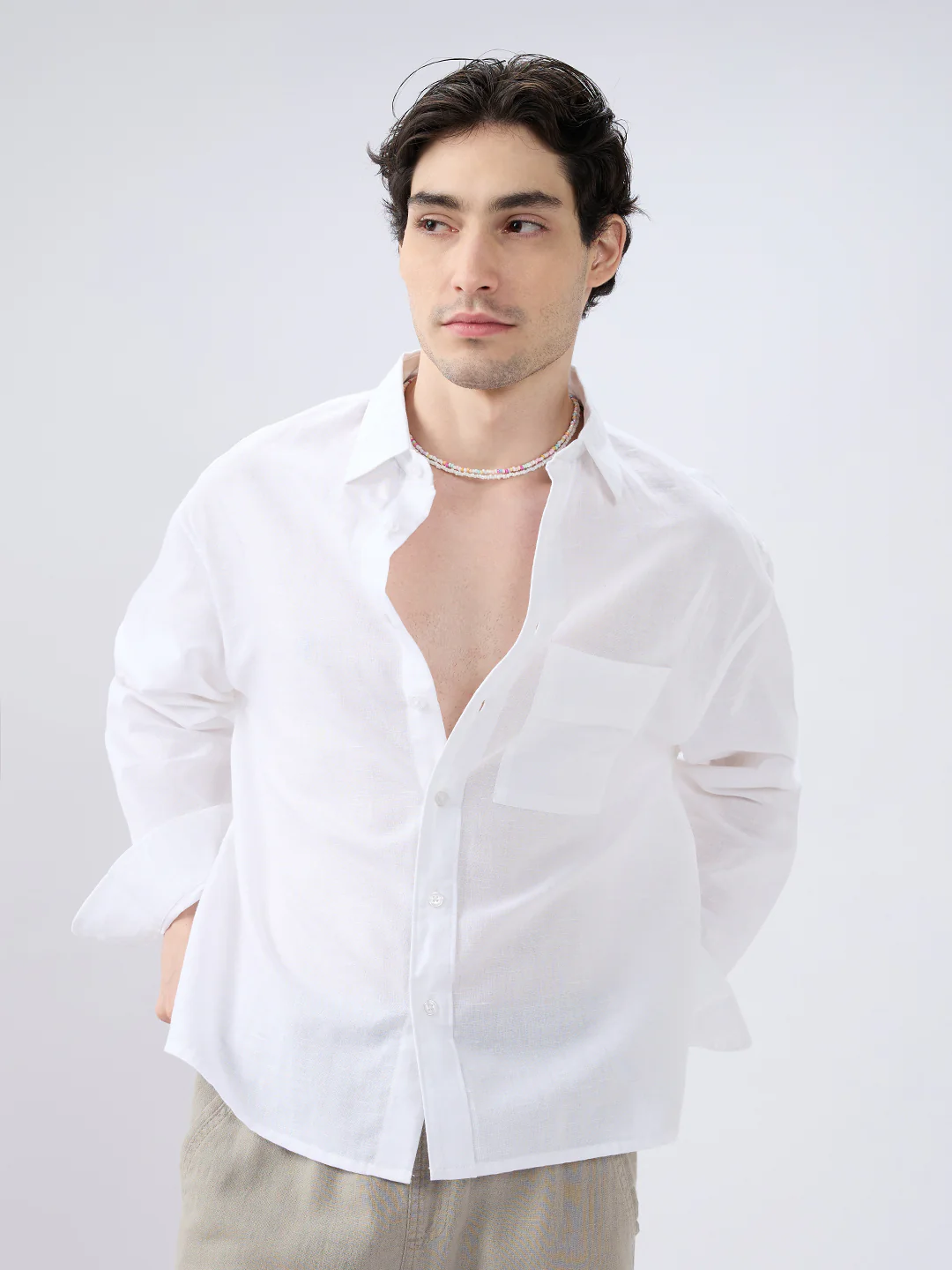 Pristine White Linen Textured Boxy Fit Crop Shirt - Image 4
