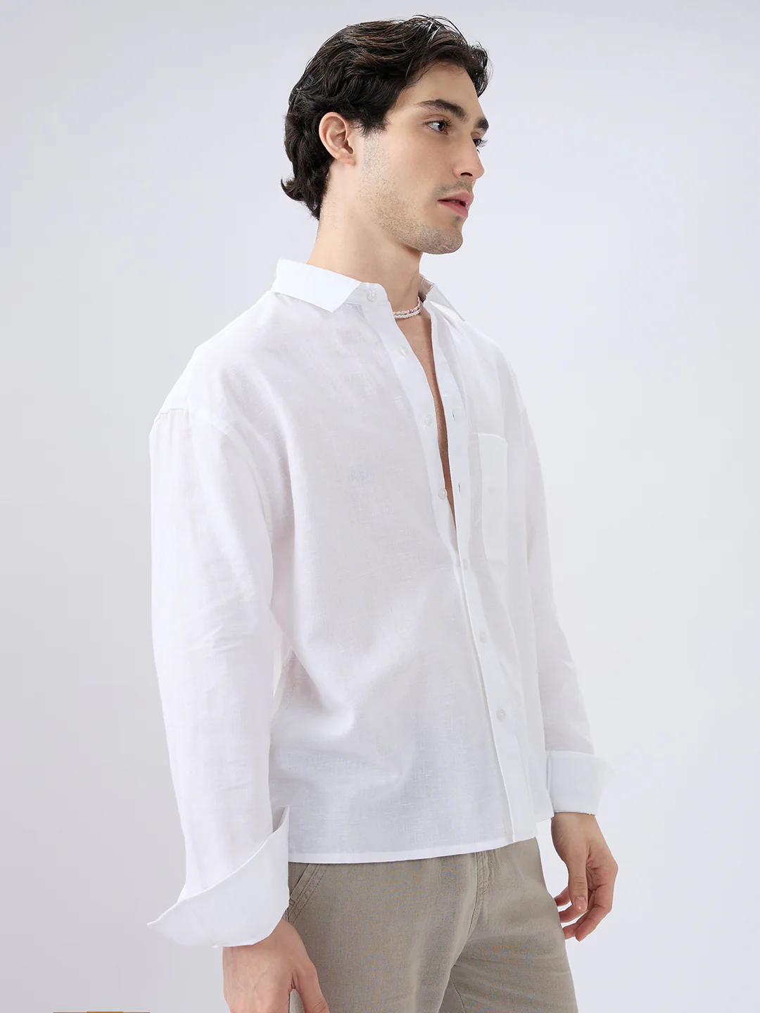Pristine White Linen Textured Boxy Fit Crop Shirt - Image 5