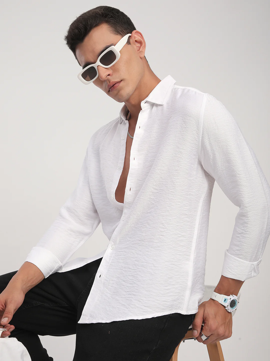 Pristine White Rhythmic Wave Jacquard Shirt - Image 2