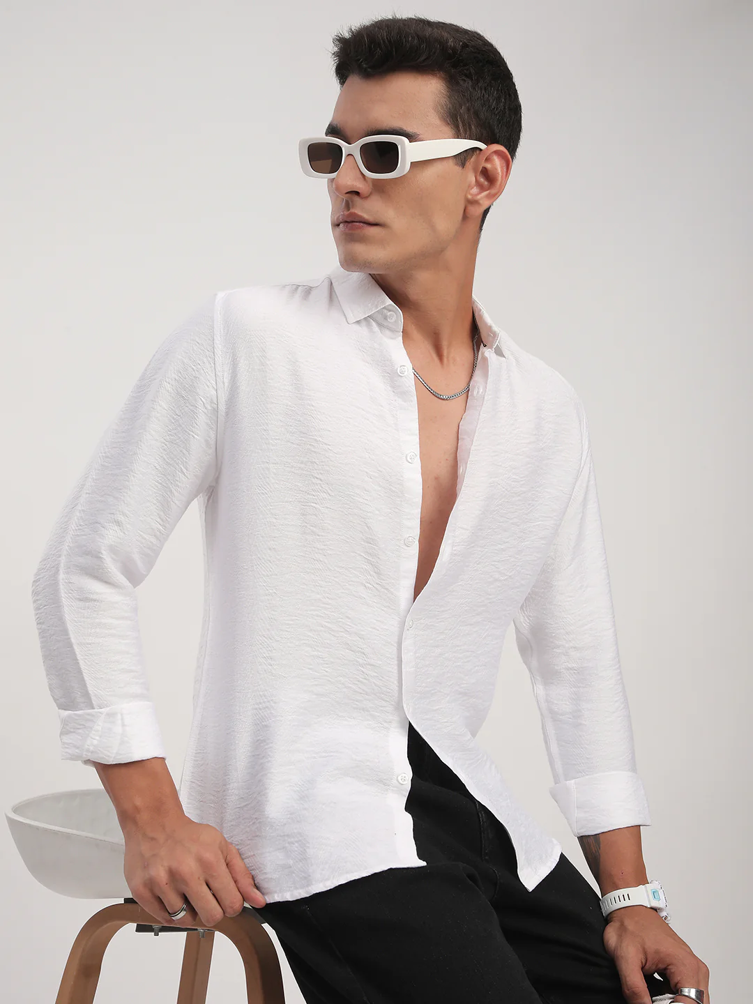 Pristine White Rhythmic Wave Jacquard Shirt - Image 4