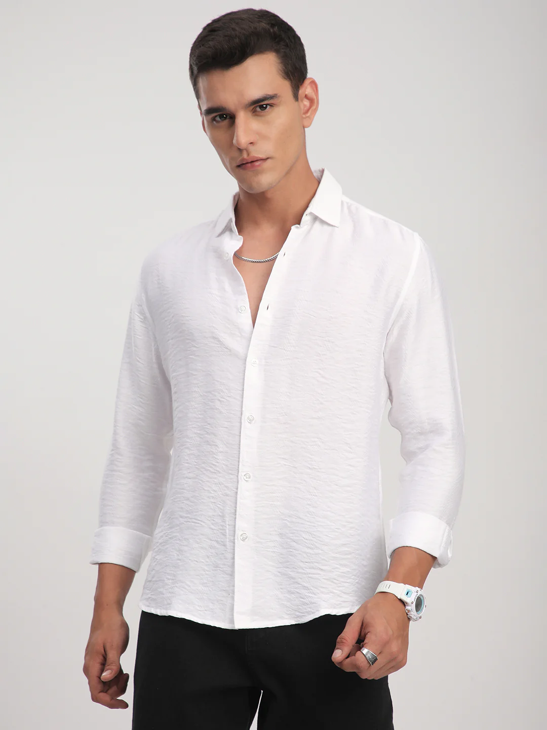 Pristine White Rhythmic Wave Jacquard Shirt - Image 5