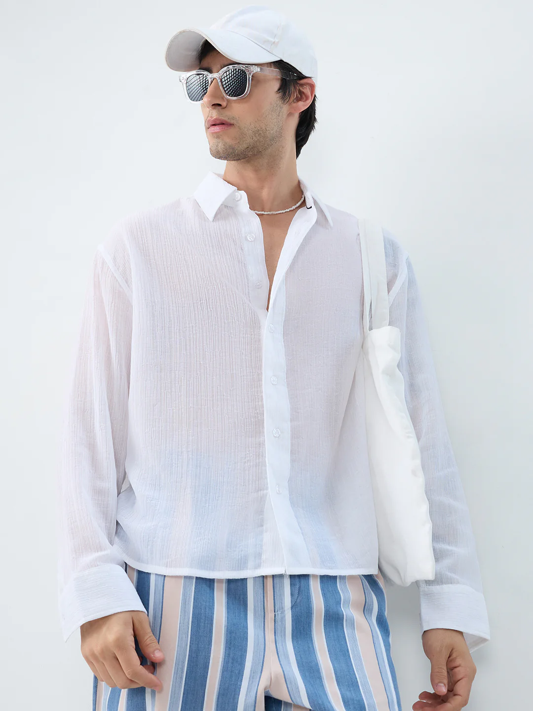 Pure White Classic Sheer Crepe Boxy Fit Crop Shirt - Image 2