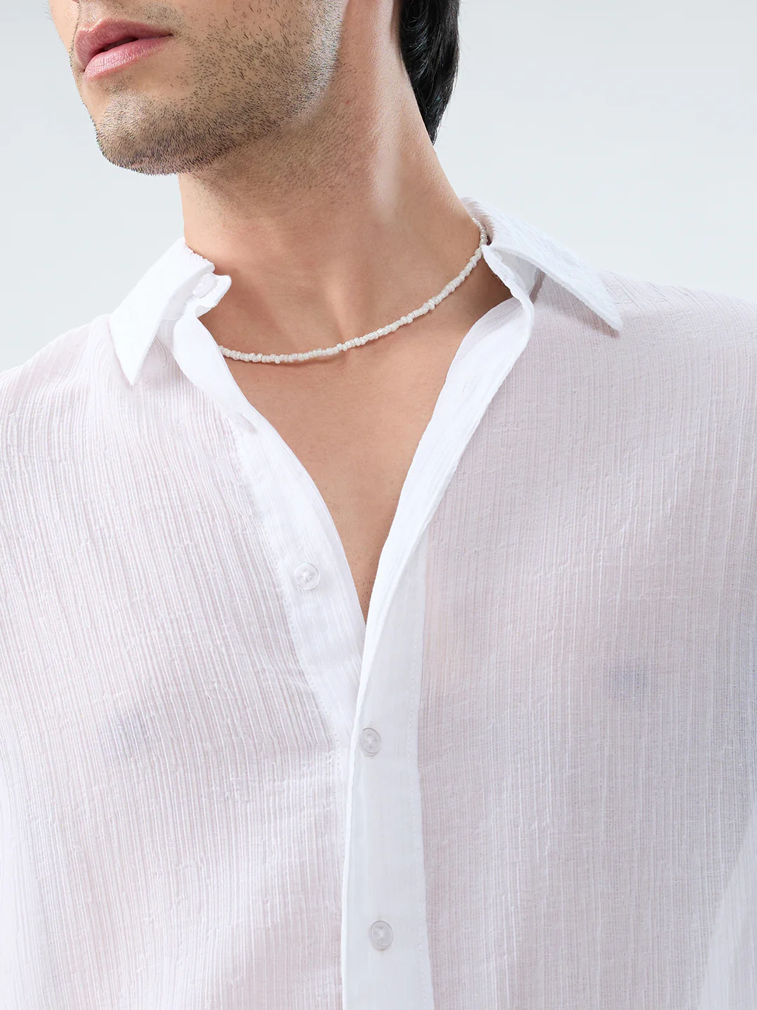 Pure White Classic Sheer Crepe Boxy Fit Crop Shirt - Image 3