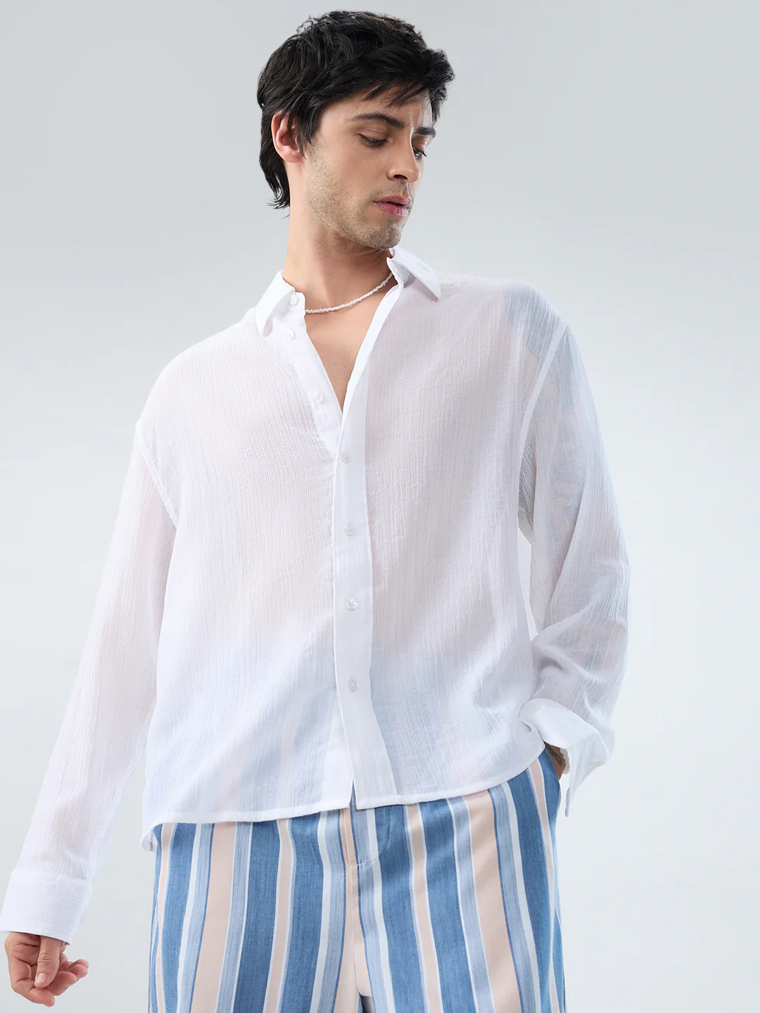 Pure White Classic Sheer Crepe Boxy Fit Crop Shirt - Image 4
