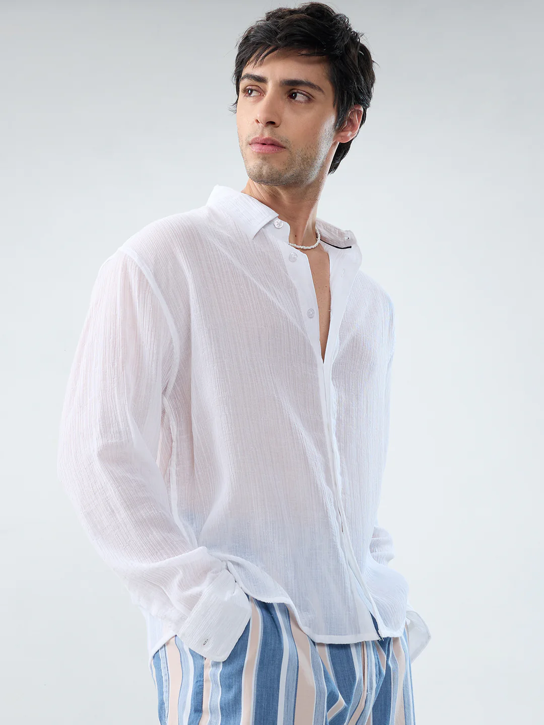 Pure White Classic Sheer Crepe Boxy Fit Crop Shirt - Image 5