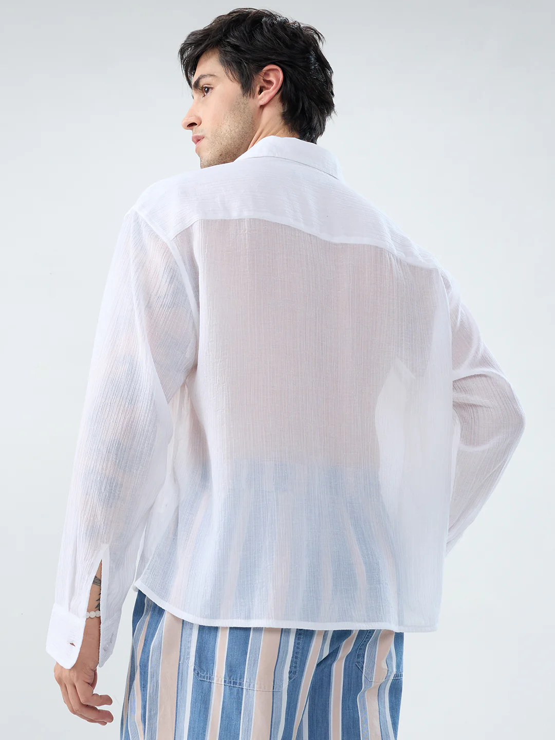 Pure White Classic Sheer Crepe Boxy Fit Crop Shirt - Image 7