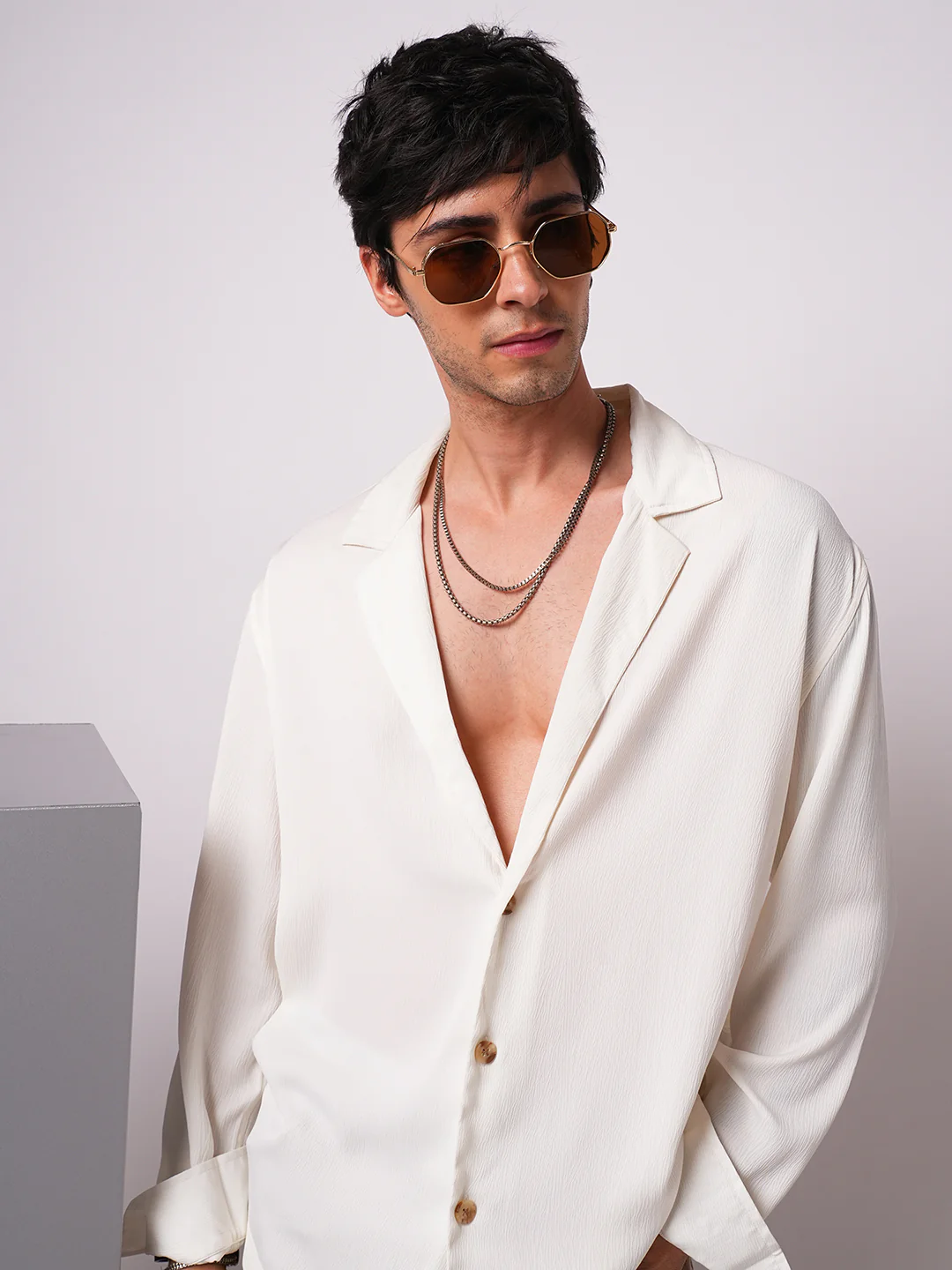 Pure White Hue Crinkled Lapel Collar Oversized Shirt - Image 2