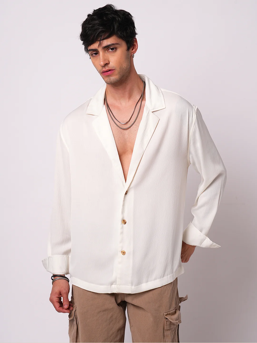 Pure White Hue Crinkled Lapel Collar Oversized Shirt - Image 5