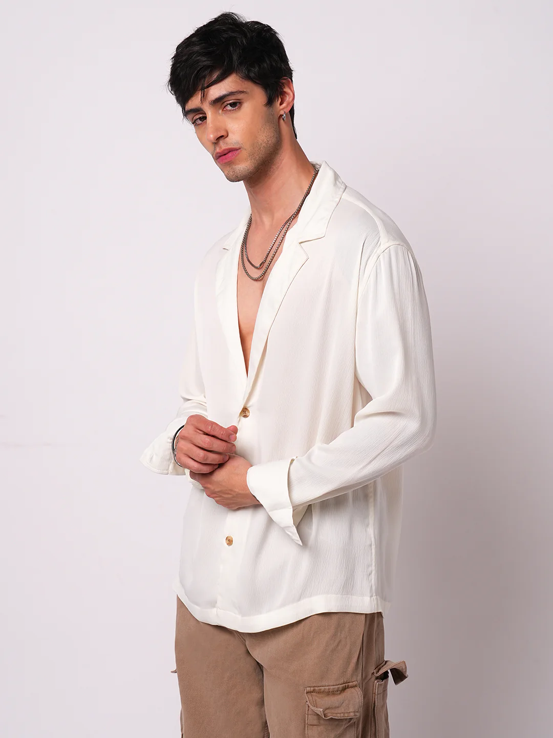 Pure White Hue Crinkled Lapel Collar Oversized Shirt - Image 6