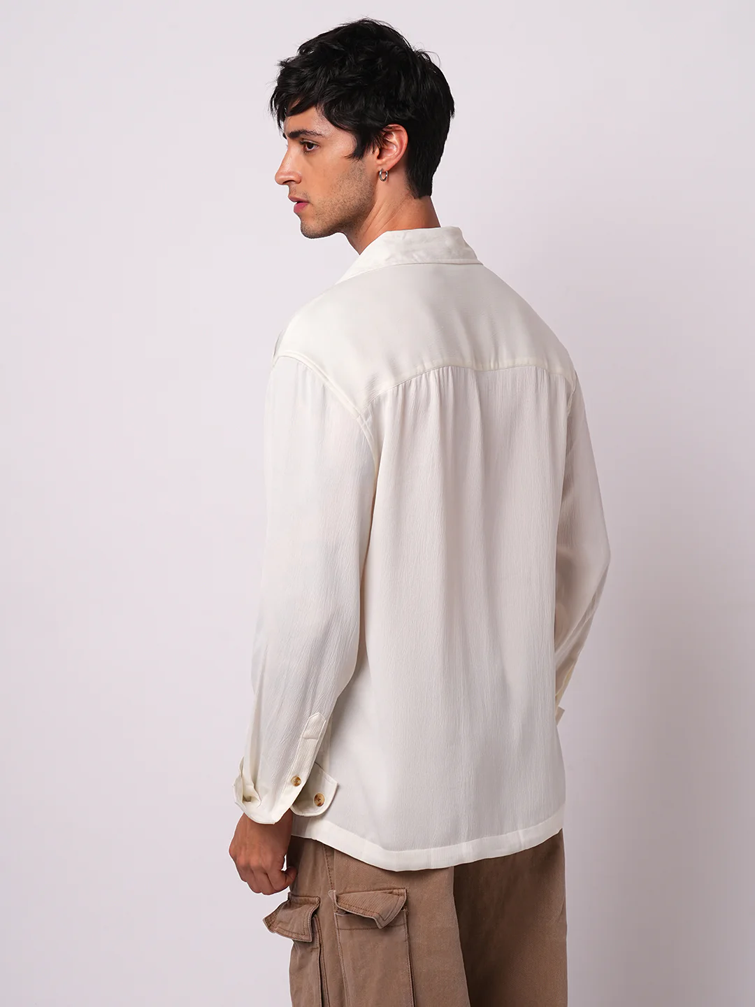 Pure White Hue Crinkled Lapel Collar Oversized Shirt - Image 7
