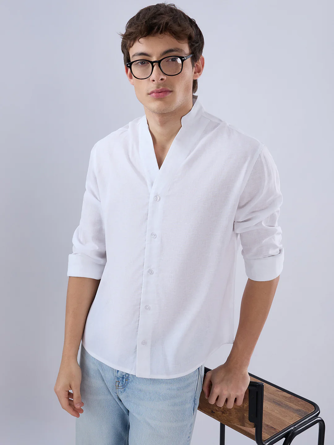 Pure White Linen Blend Stand Collar Oversized Shirt - Image 2