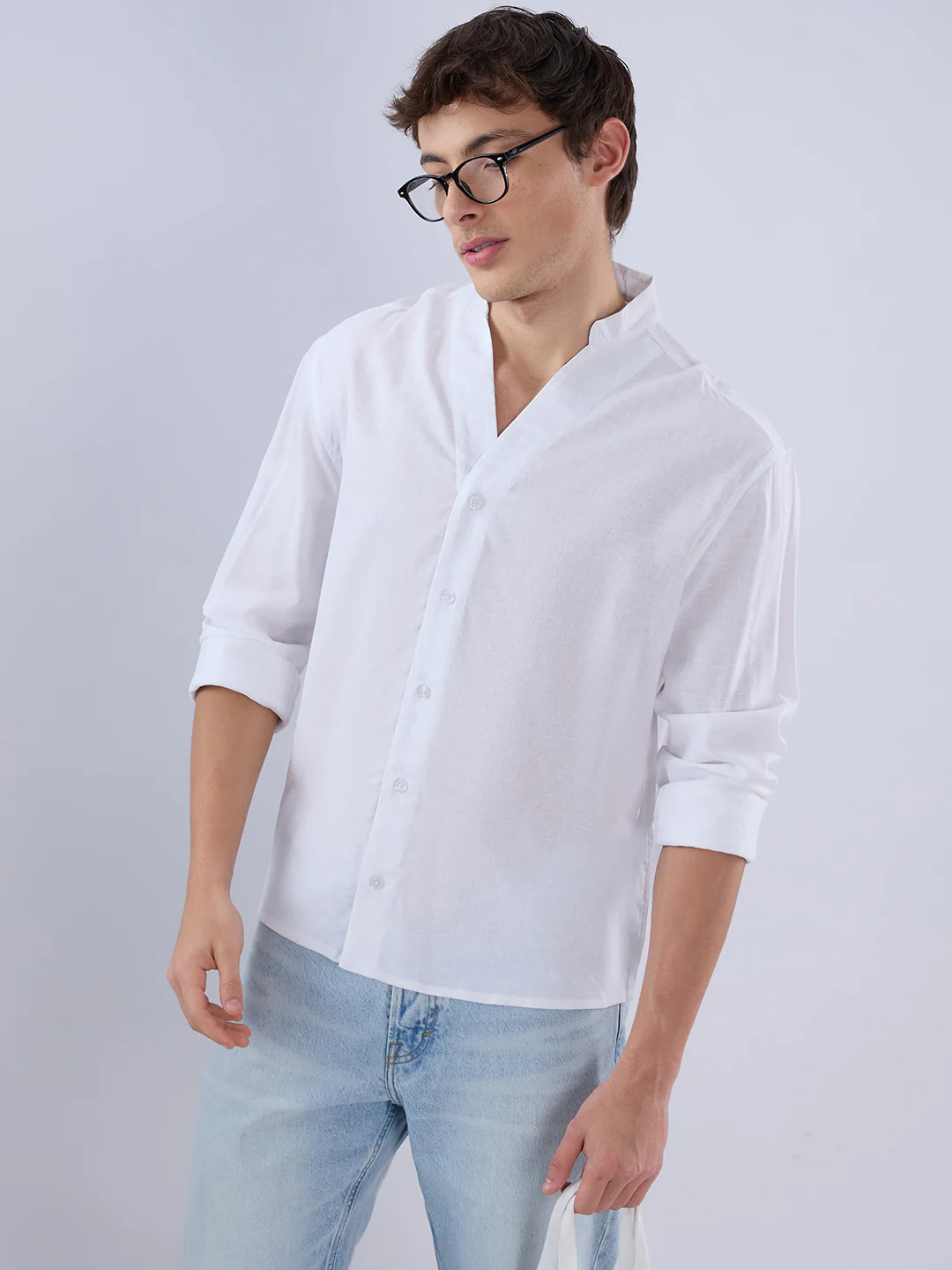 Pure White Linen Blend Stand Collar Oversized Shirt - Image 4