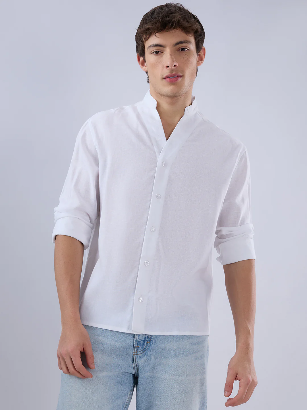 Pure White Linen Blend Stand Collar Oversized Shirt - Image 5