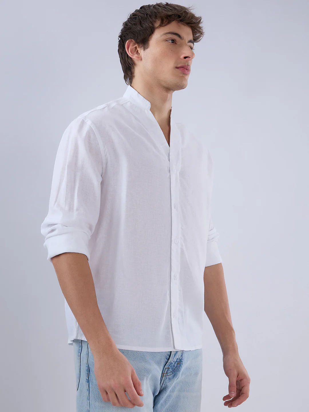 Pure White Linen Blend Stand Collar Oversized Shirt - Image 6