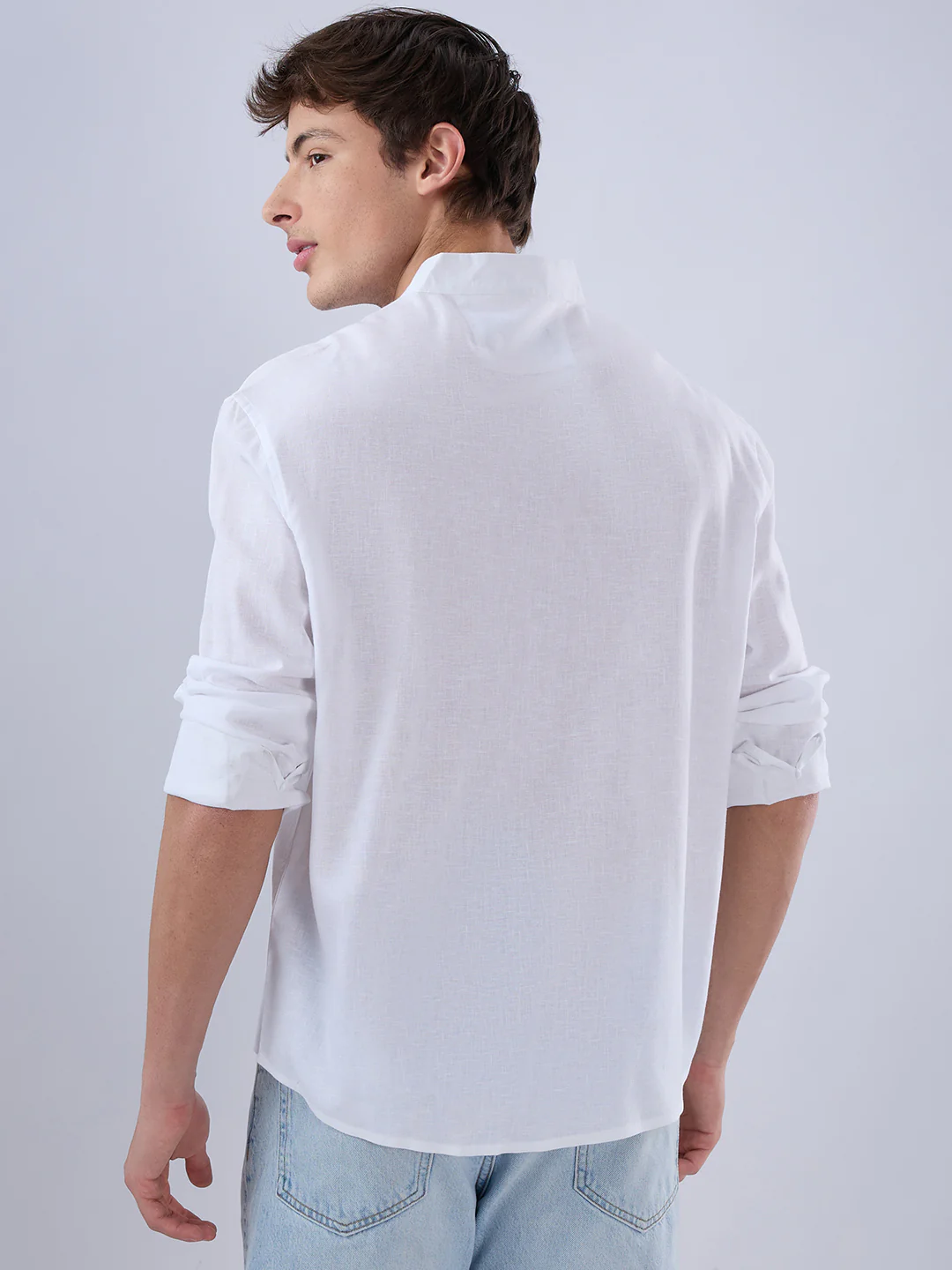 Pure White Linen Blend Stand Collar Oversized Shirt - Image 7