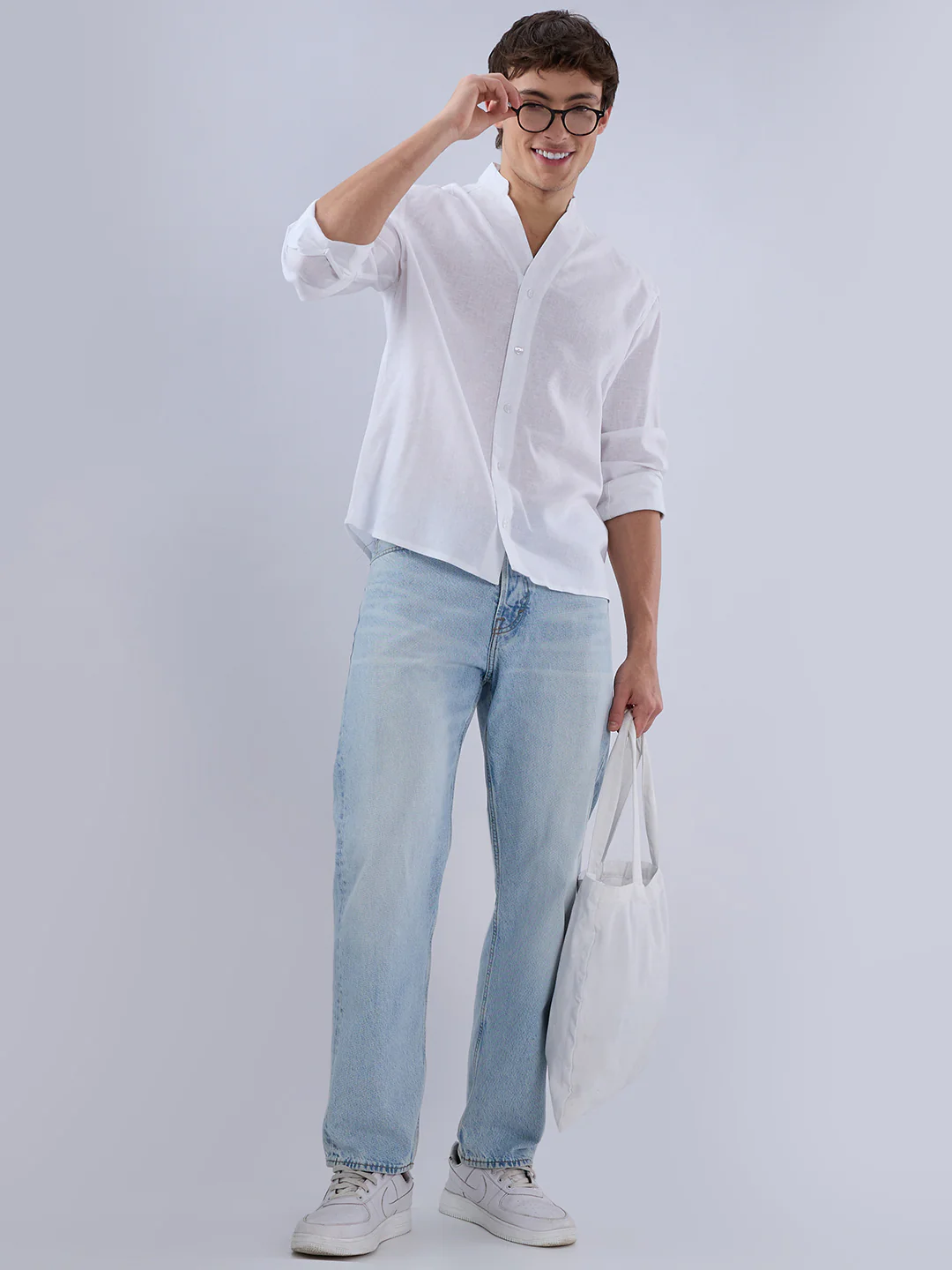 Pure White Linen Blend Stand Collar Oversized Shirt - Image 8