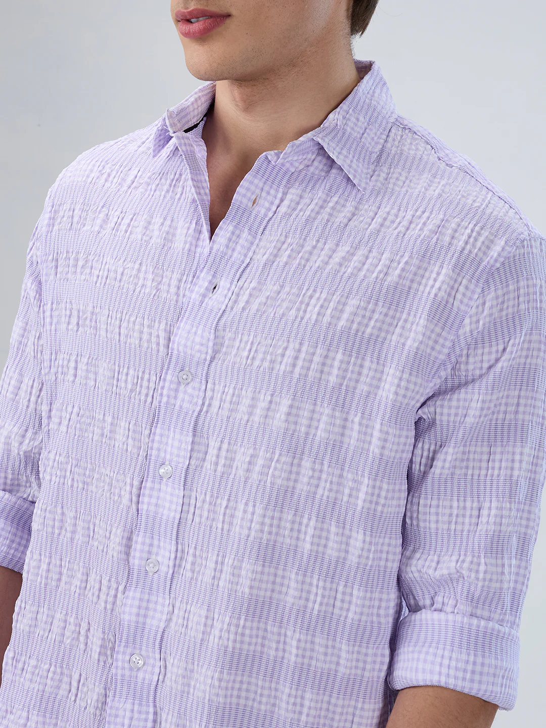 Purple Seersucker Gingham Checks Boxy Fit Crop Shirt - Image 3