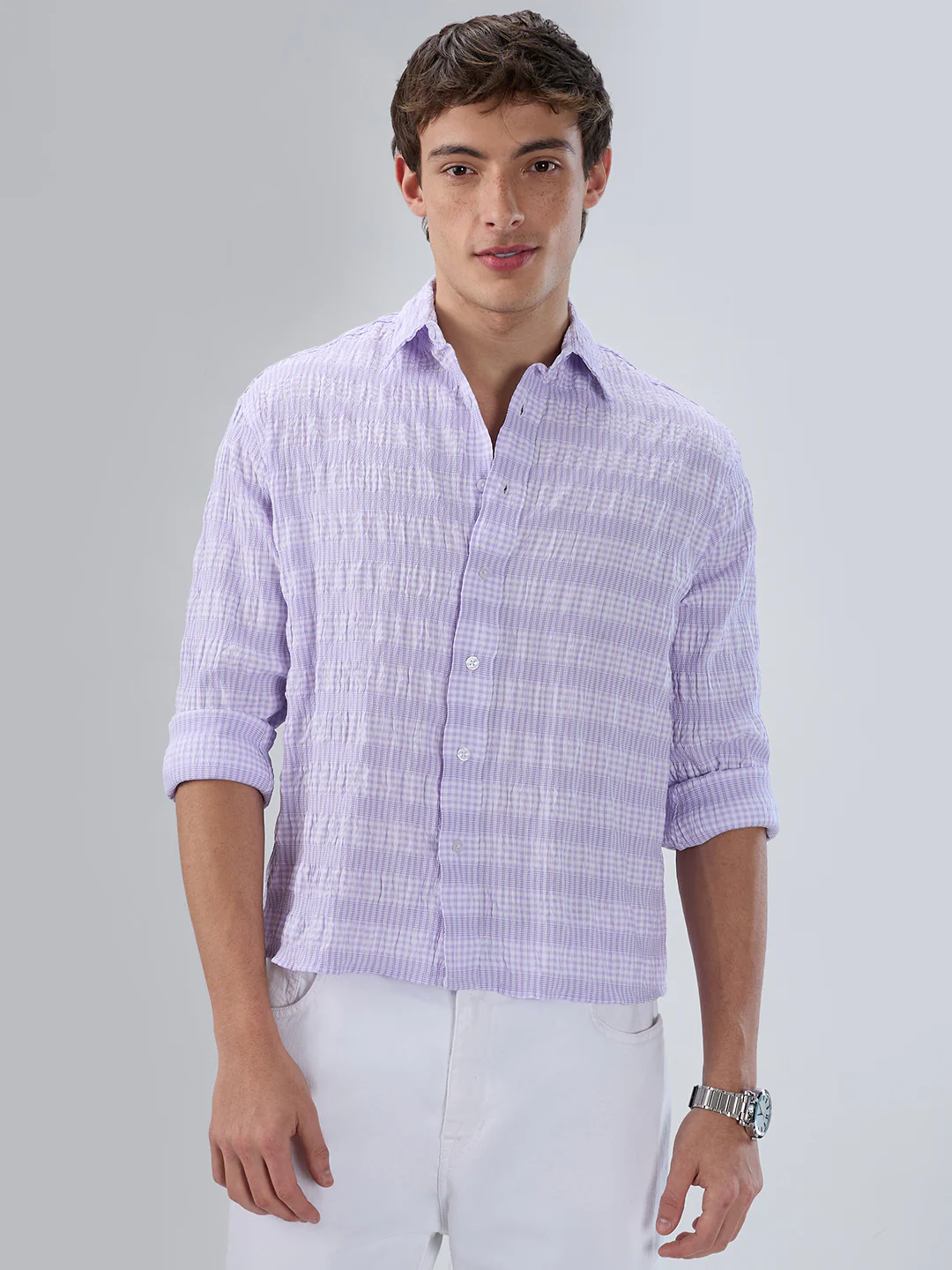 Purple Seersucker Gingham Checks Boxy Fit Crop Shirt - Image 4
