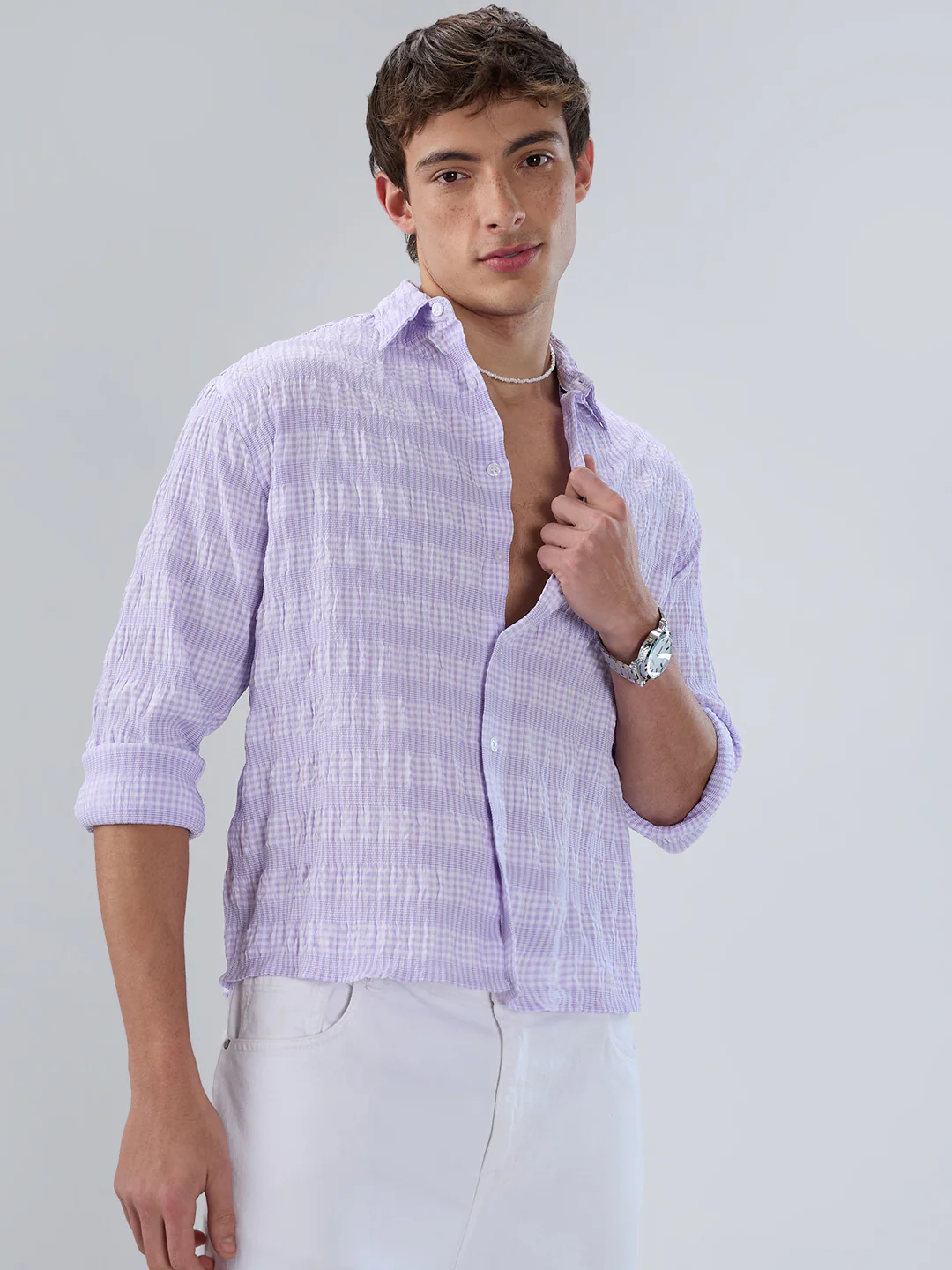 Purple Seersucker Gingham Checks Boxy Fit Crop Shirt - Image 5