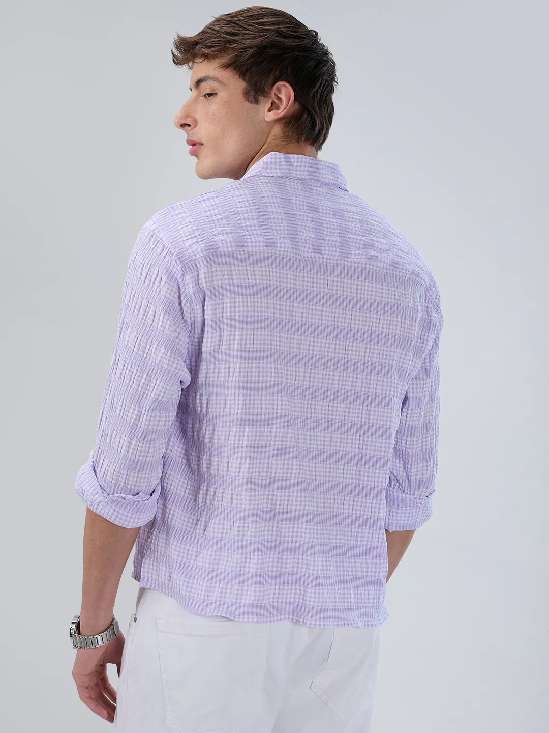 Purple Seersucker Gingham Checks Boxy Fit Crop Shirt - Image 6