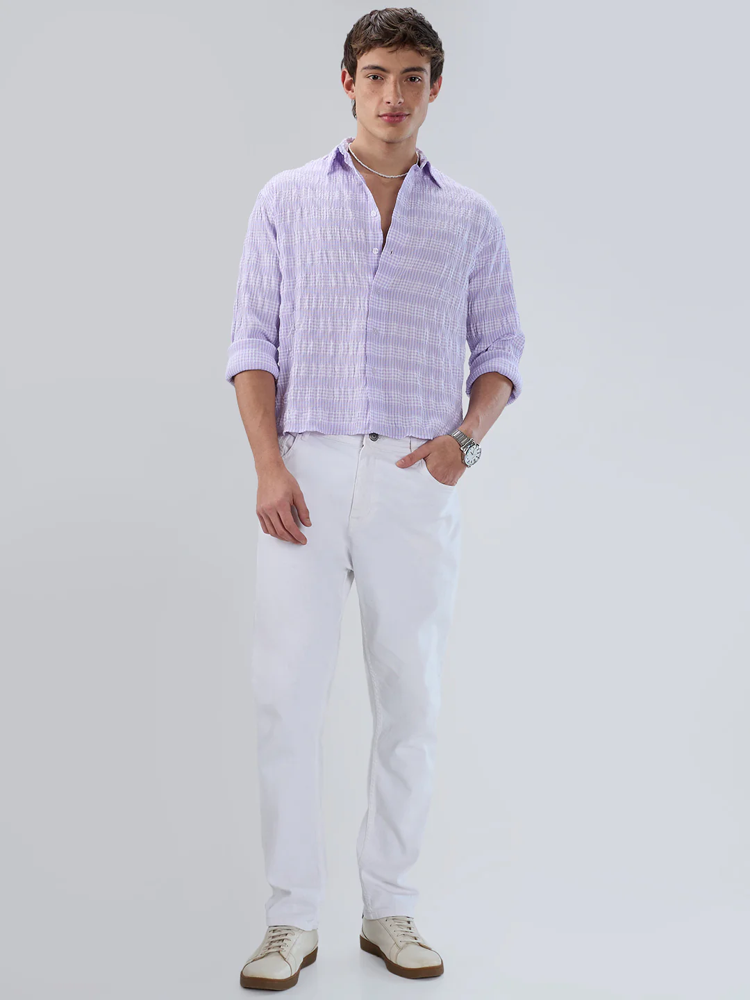 Purple Seersucker Gingham Checks Boxy Fit Crop Shirt - Image 7