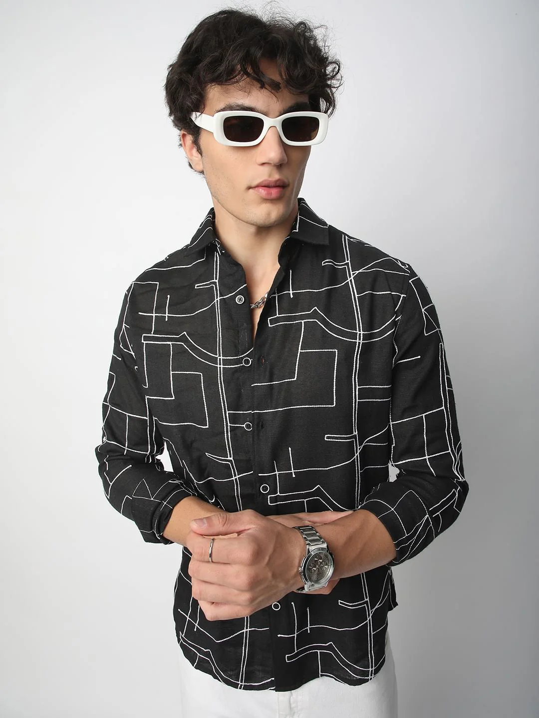 Quirky Black Contrast Embroidered Shirt - Image 4