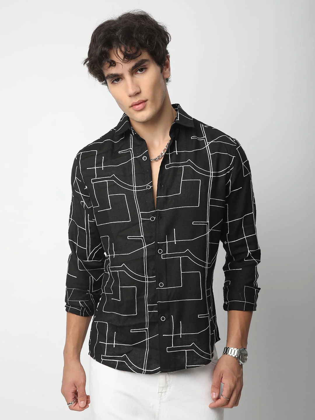 Quirky Black Contrast Embroidered Shirt - Image 5