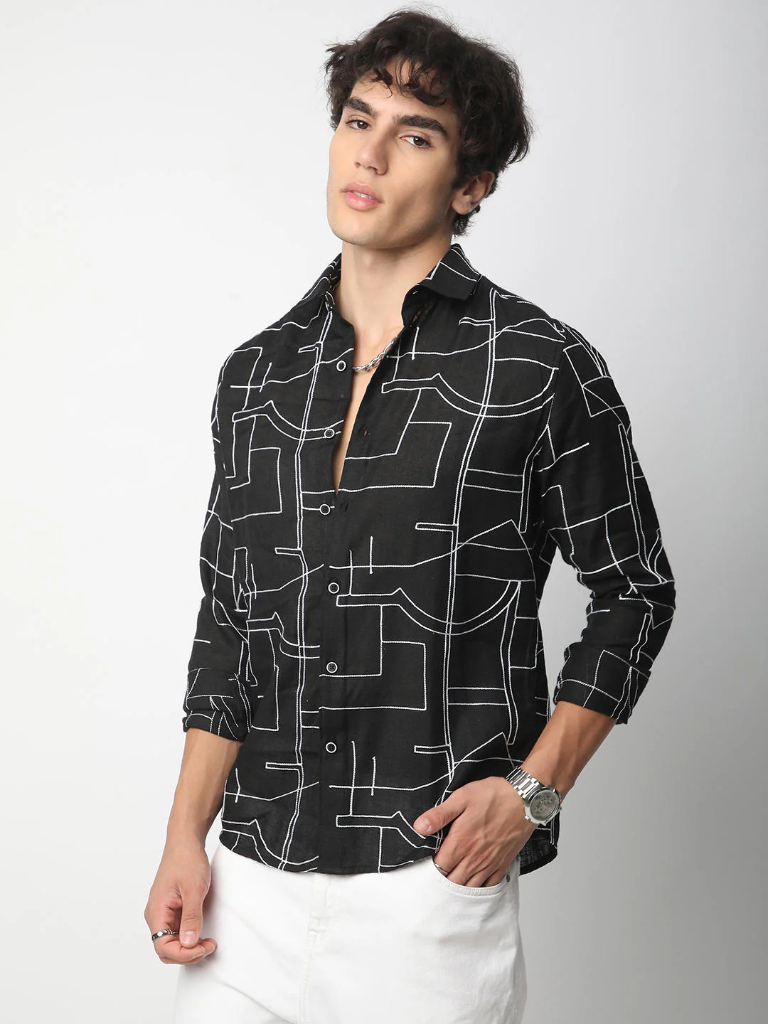 Quirky Black Contrast Embroidered Shirt - Image 6