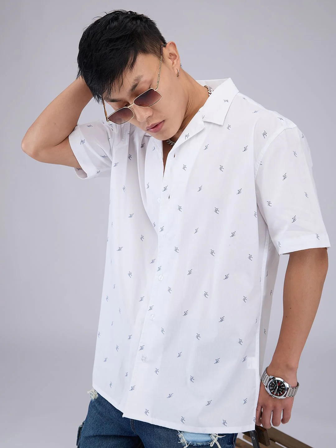 Quirky White Tiny Skiing Printed Oversized Shirt - Image 2
