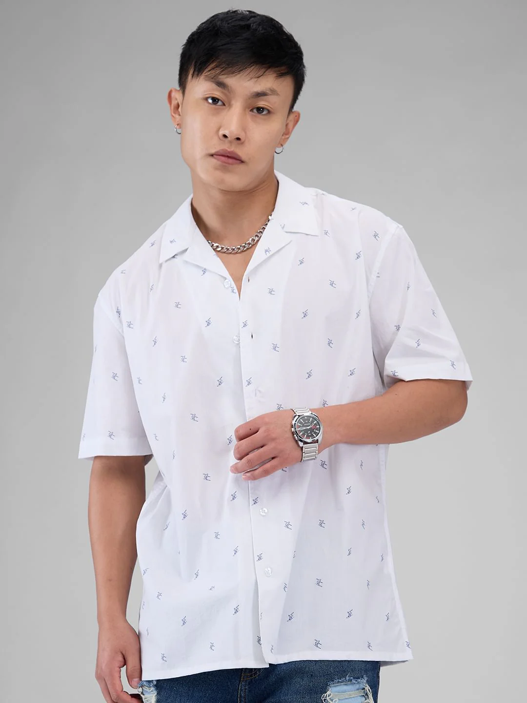 Quirky White Tiny Skiing Printed Oversized Shirt - Image 3