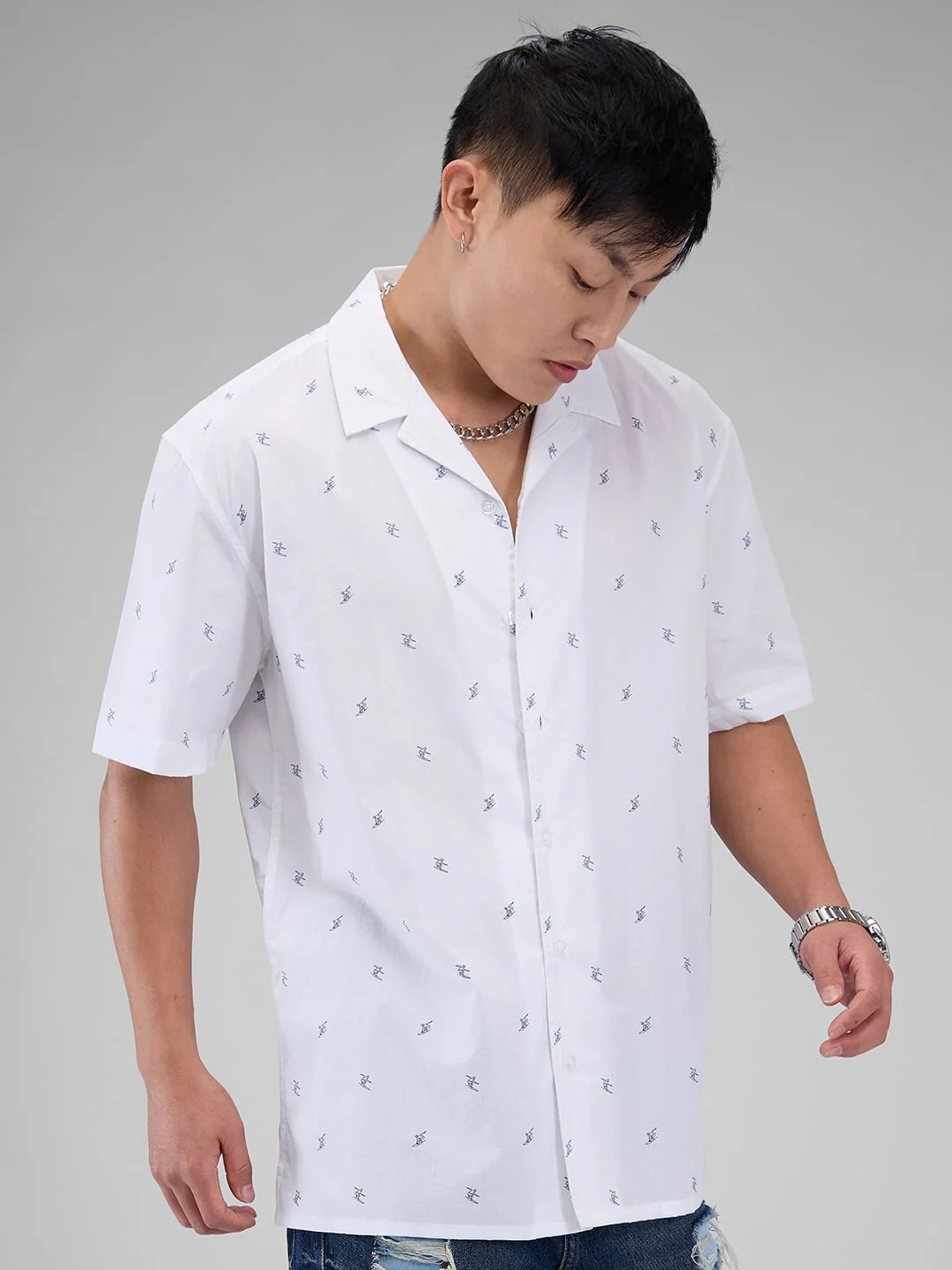Quirky White Tiny Skiing Printed Oversized Shirt - Image 4