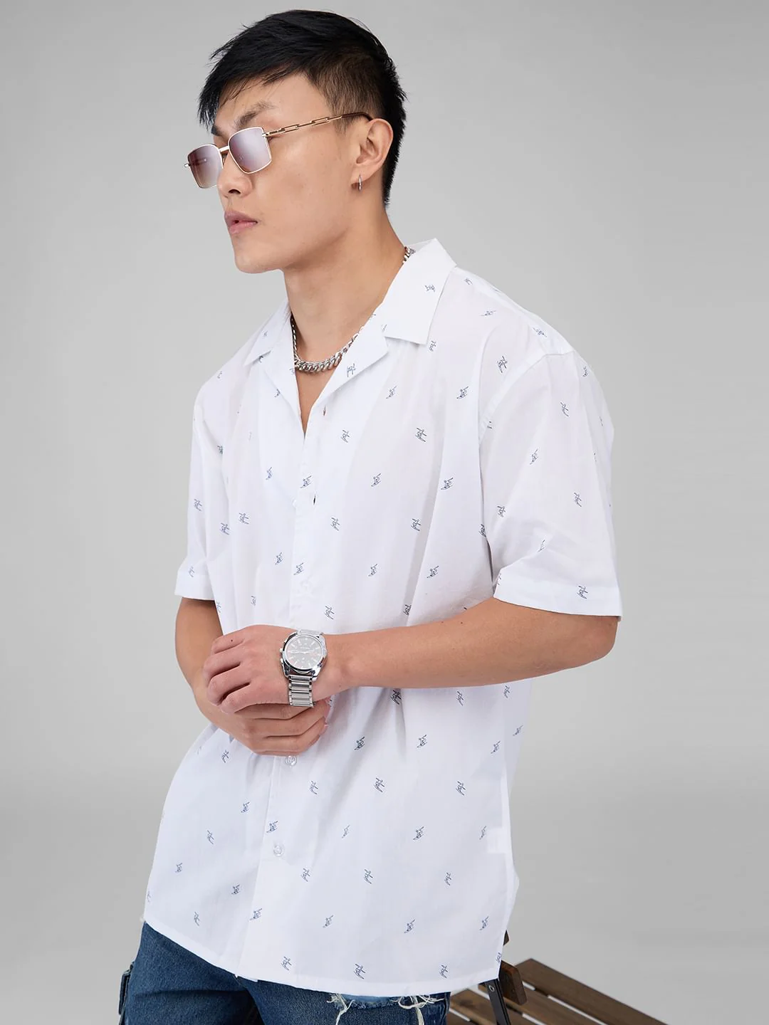 Quirky White Tiny Skiing Printed Oversized Shirt - Image 5