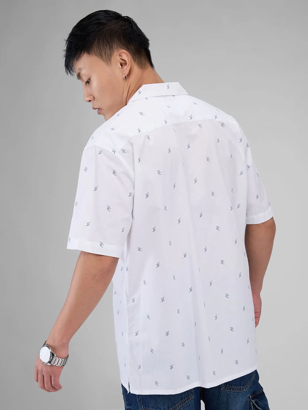 Quirky White Tiny Skiing Printed Oversized Shirt - Image 6