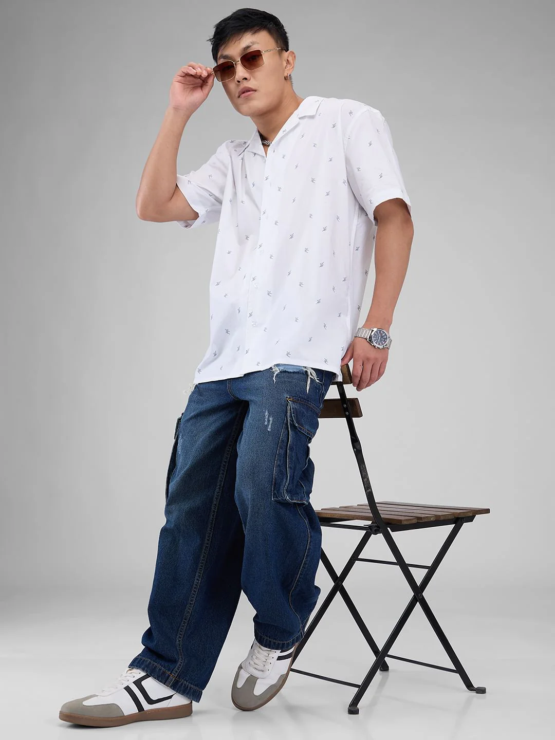 Quirky White Tiny Skiing Printed Oversized Shirt - Image 7