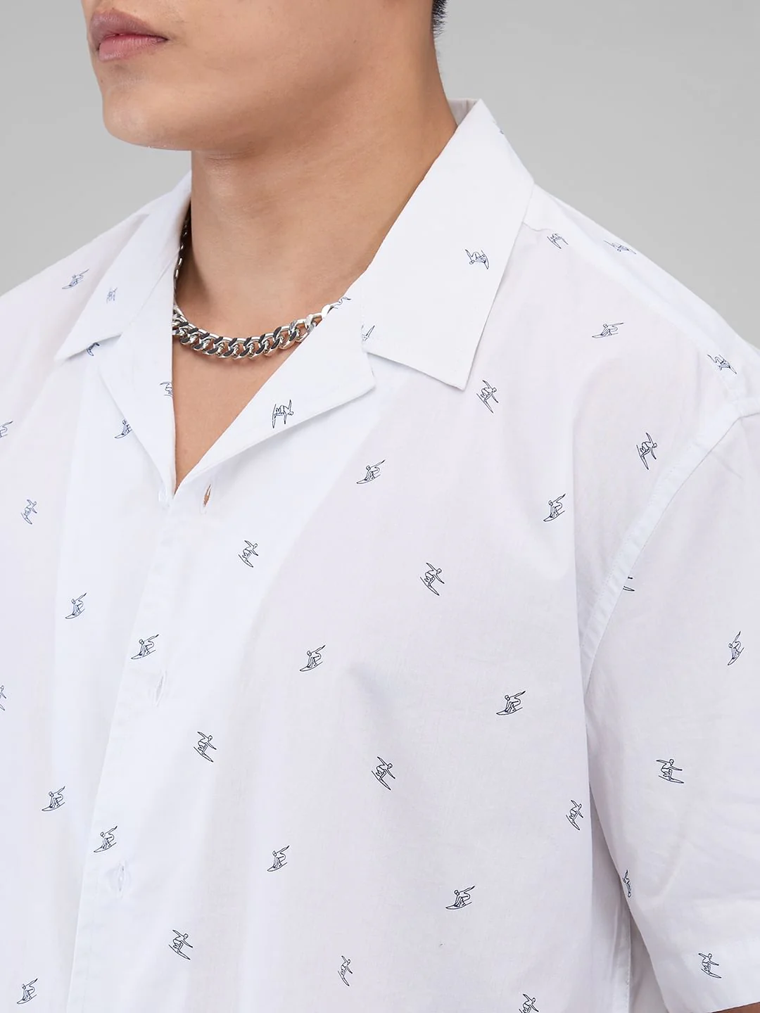 Quirky White Tiny Skiing Printed Oversized Shirt - Image 8