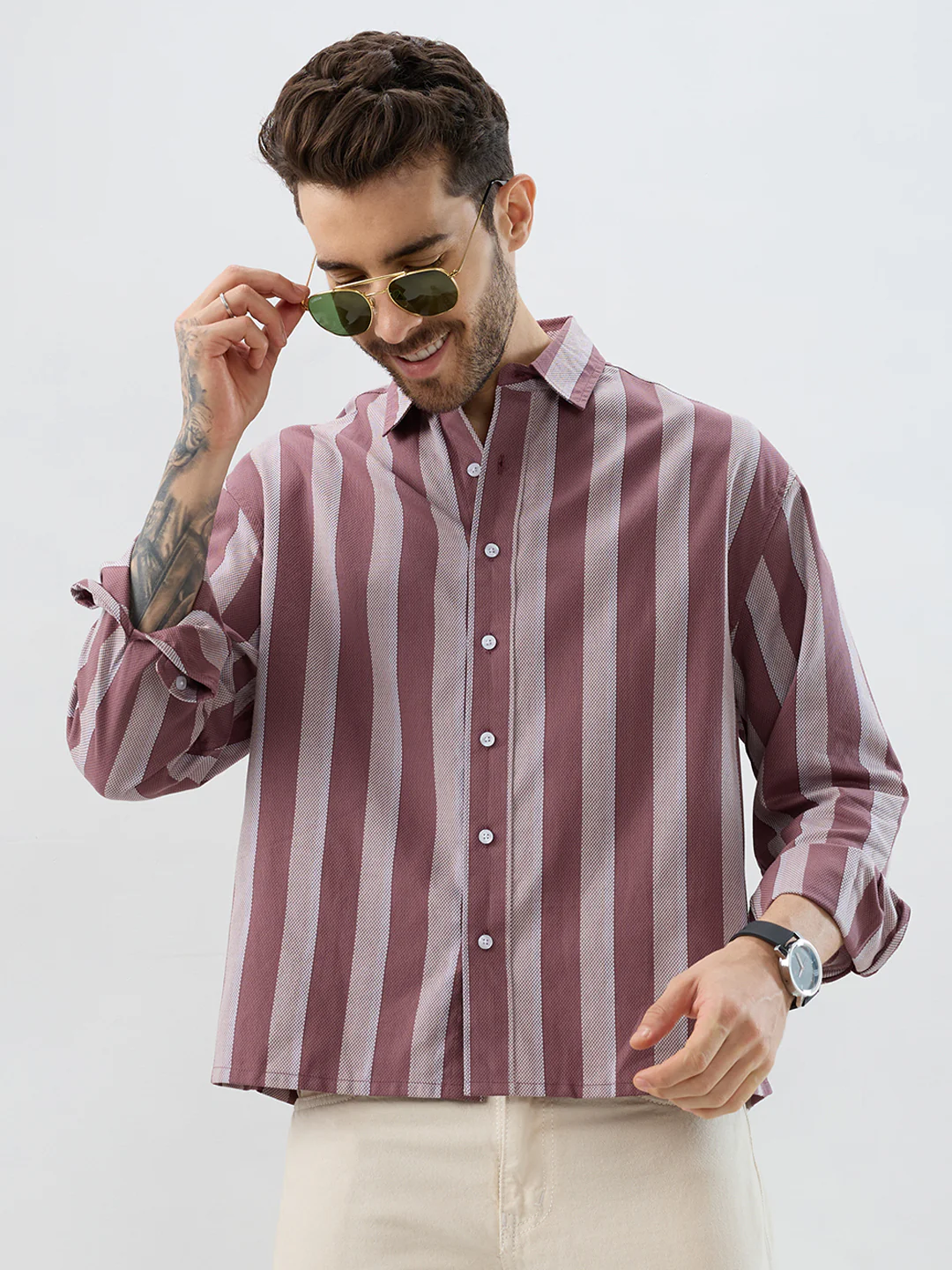 Raspberry Glace Pink Bold Striped Boxy Fit Crop Shirt - Image 4