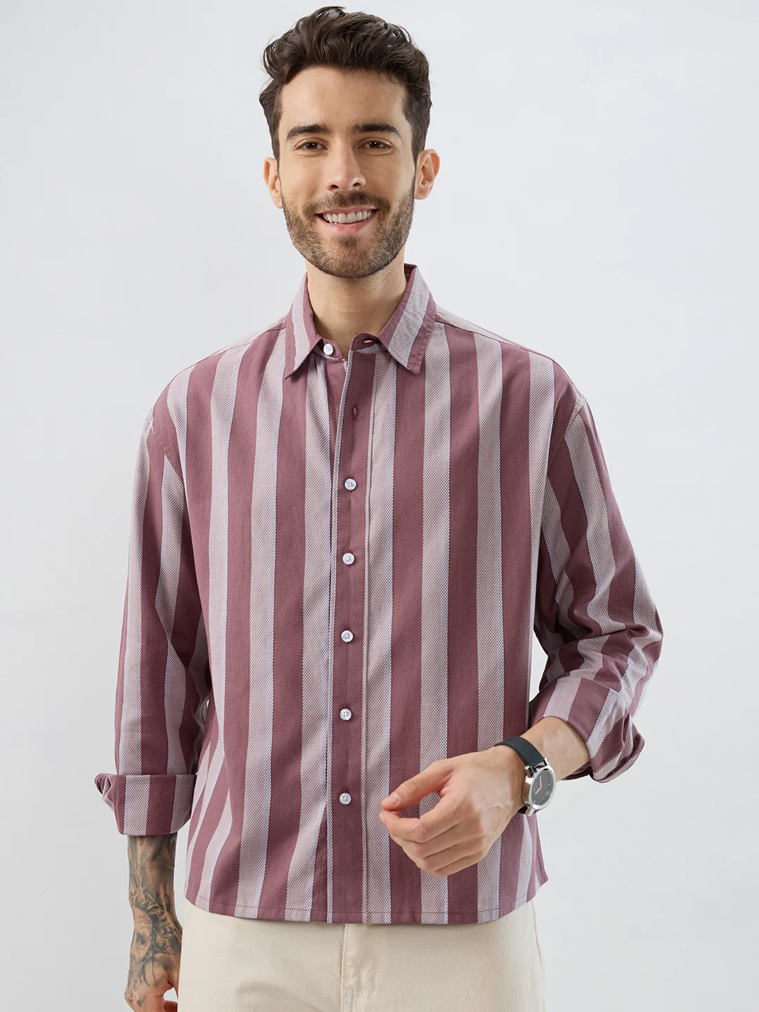 Raspberry Glace Pink Bold Striped Boxy Fit Crop Shirt - Image 5