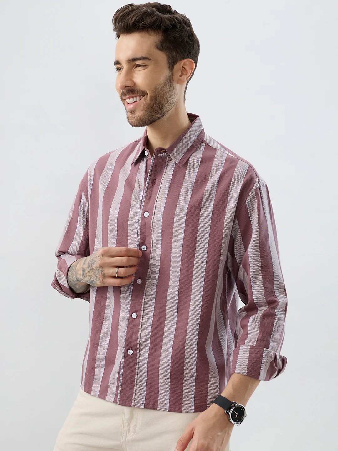 Raspberry Glace Pink Bold Striped Boxy Fit Crop Shirt - Image 6