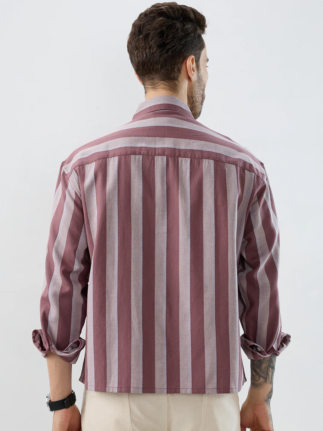 Raspberry Glace Pink Bold Striped Boxy Fit Crop Shirt - Image 7