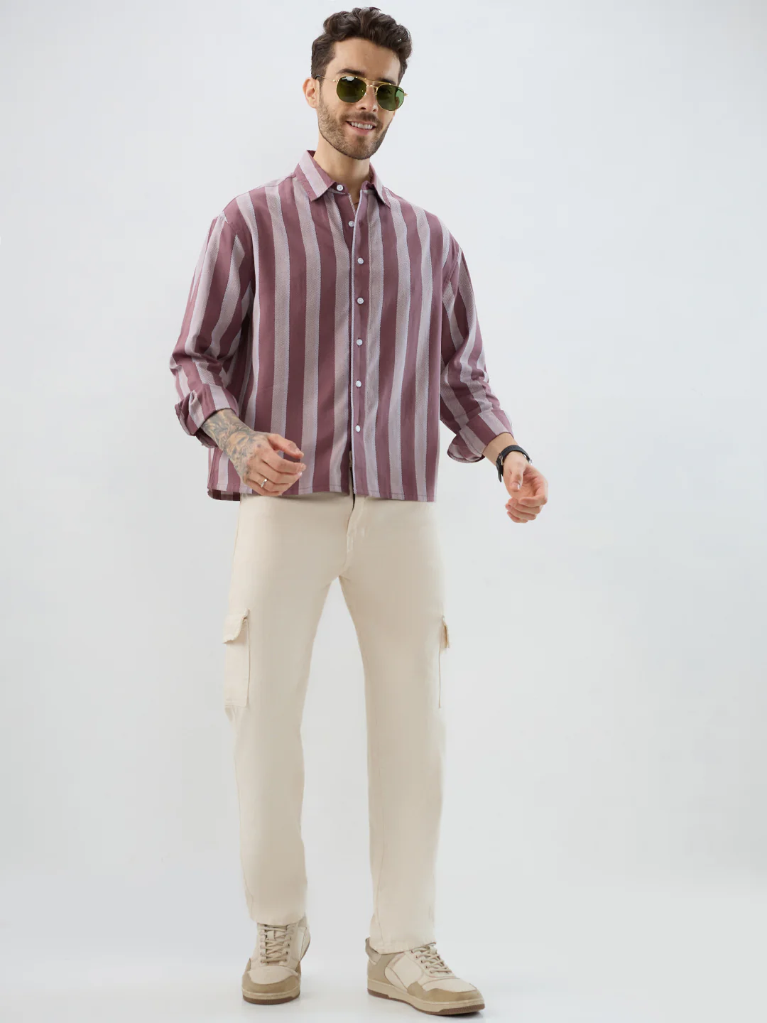 Raspberry Glace Pink Bold Striped Boxy Fit Crop Shirt - Image 8