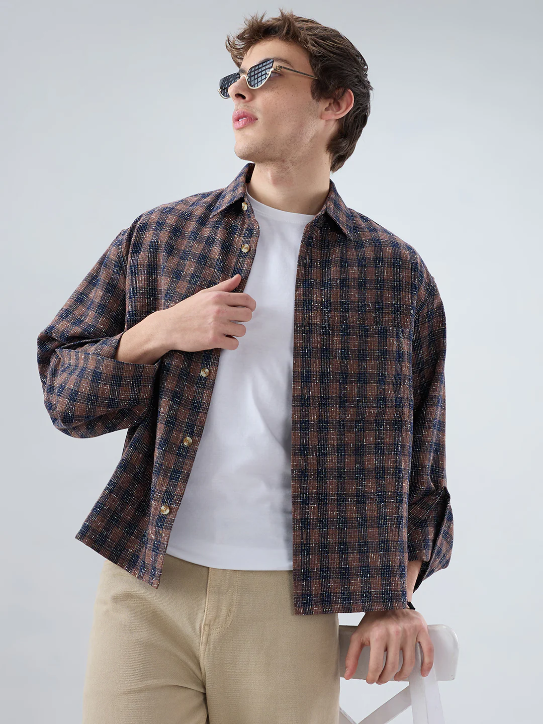 Raunak Edit Glossy Navy & Brown Checked Oversized Crop Shirt - Image 2