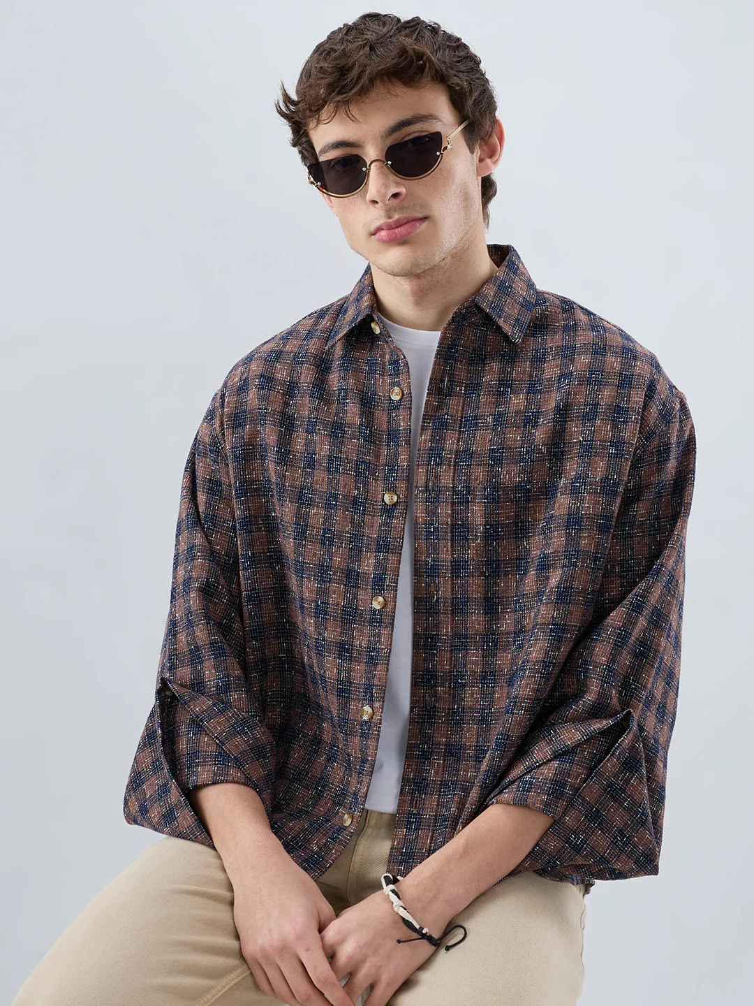 Raunak Edit Glossy Navy & Brown Checked Oversized Crop Shirt - Image 4