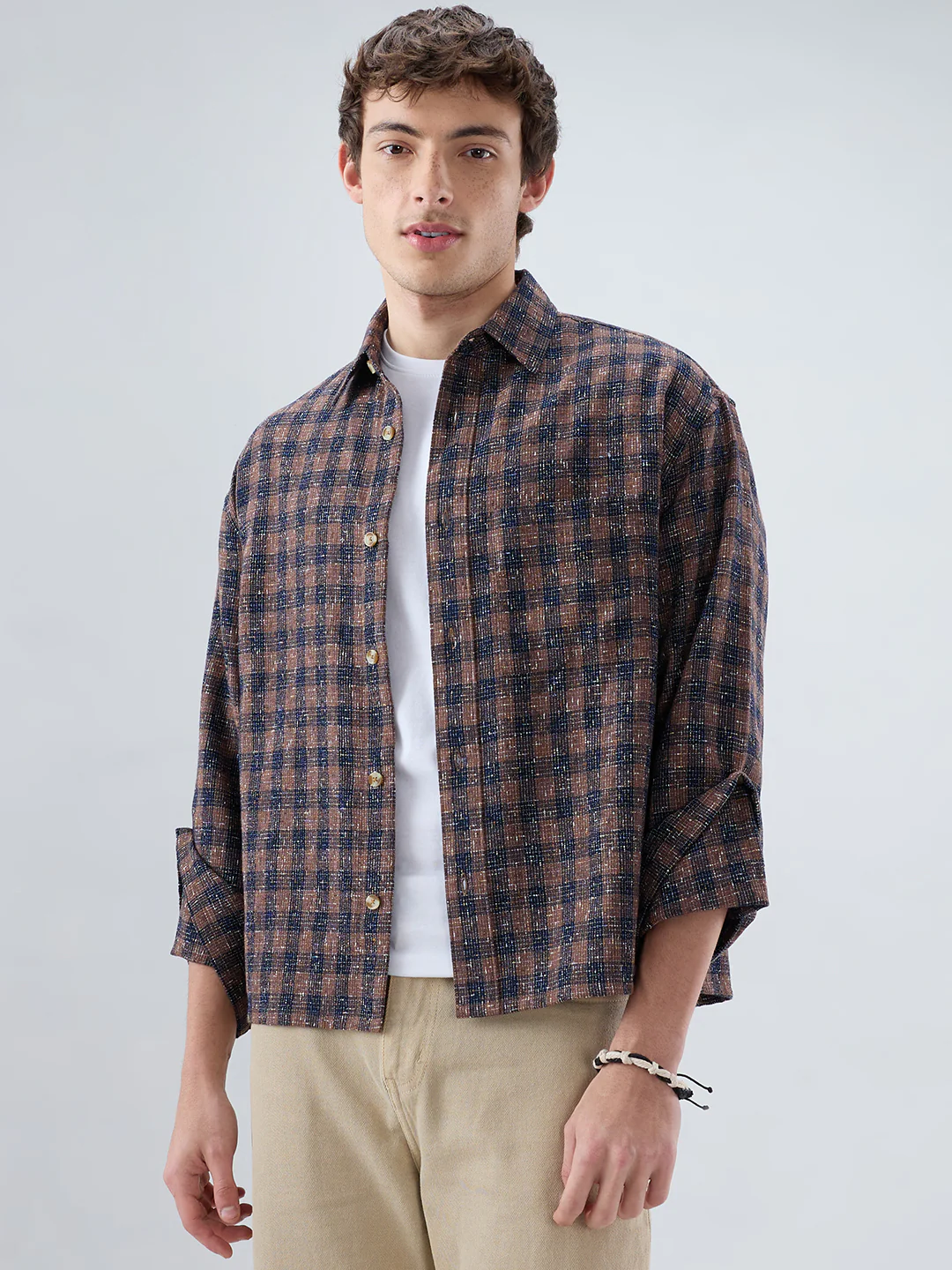 Raunak Edit Glossy Navy & Brown Checked Oversized Crop Shirt - Image 5