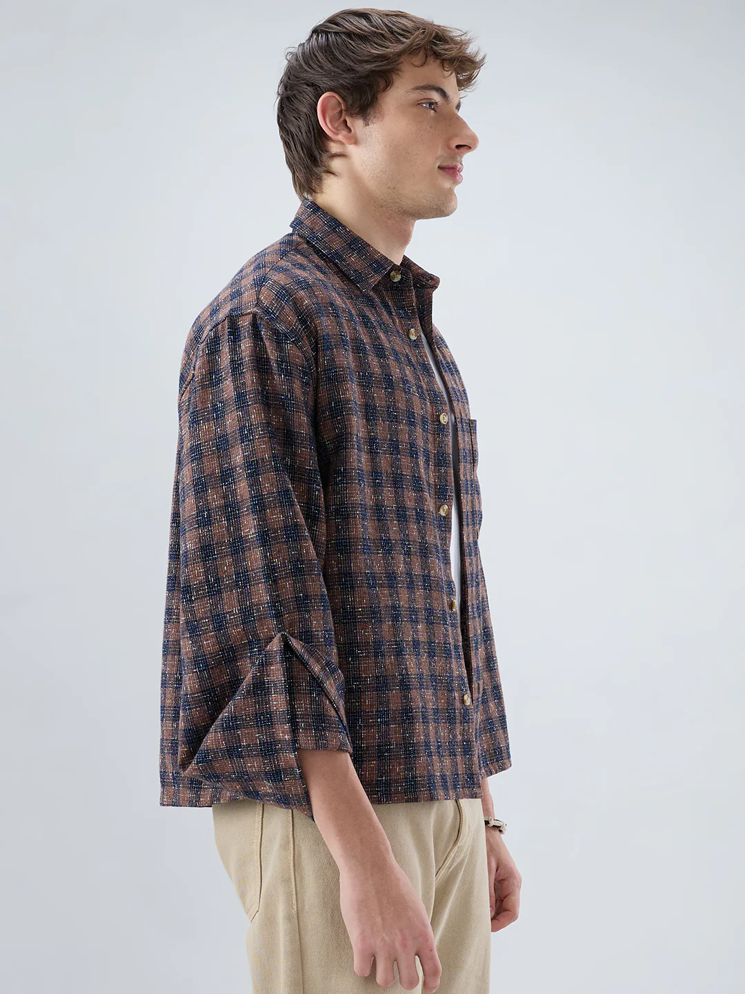 Raunak Edit Glossy Navy & Brown Checked Oversized Crop Shirt - Image 6